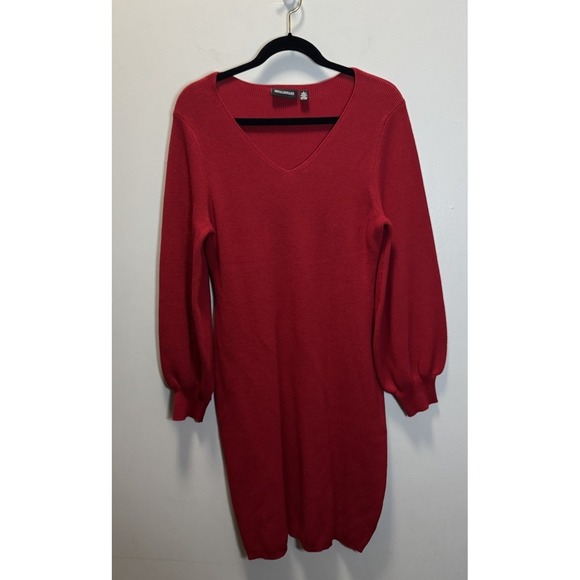 Nina Leonard Sweater Sheath Dress Size Large Red Balloon Sleeves - Picture 2 of 11